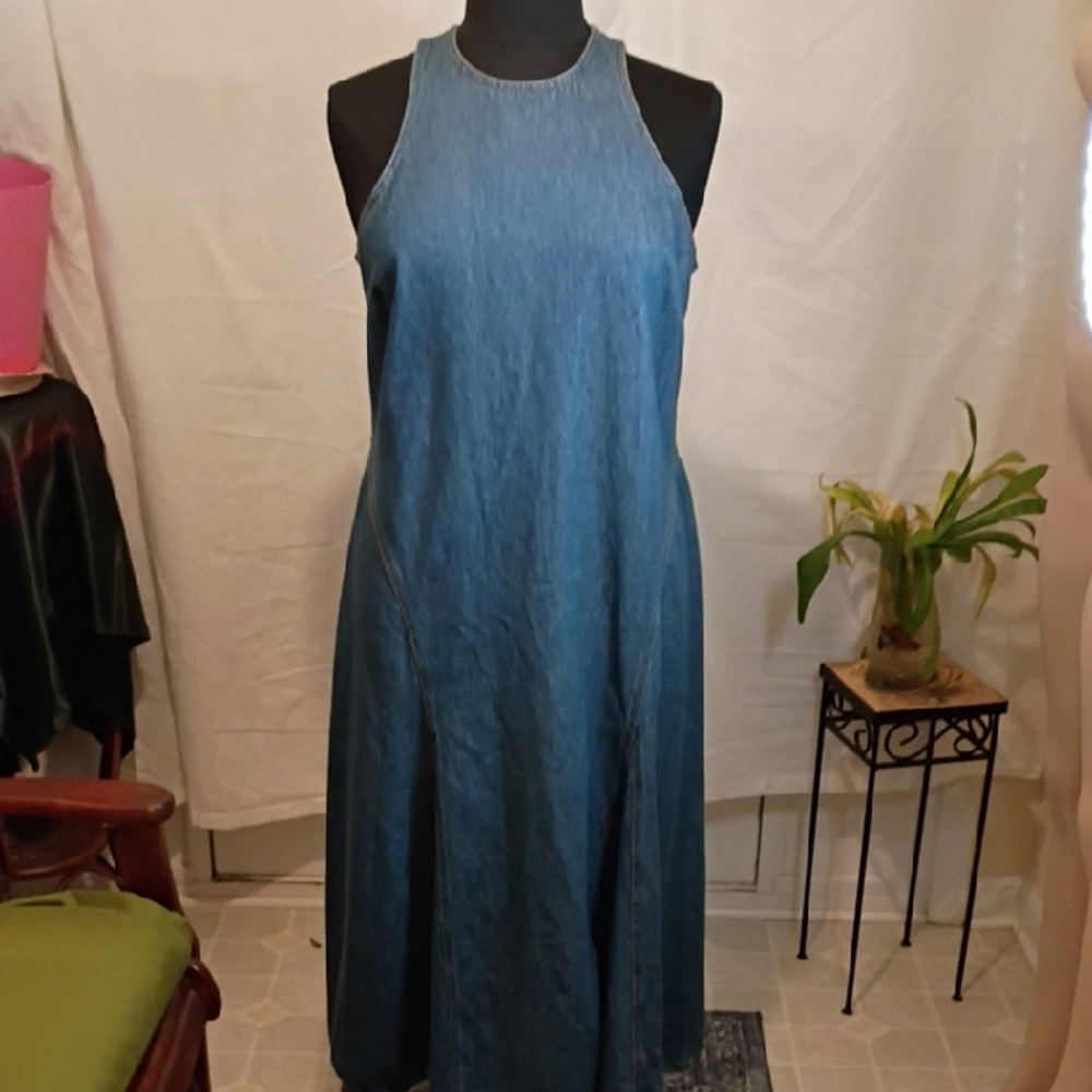 Sleeveless Blue Denim Midi Dress - Classic A-Line